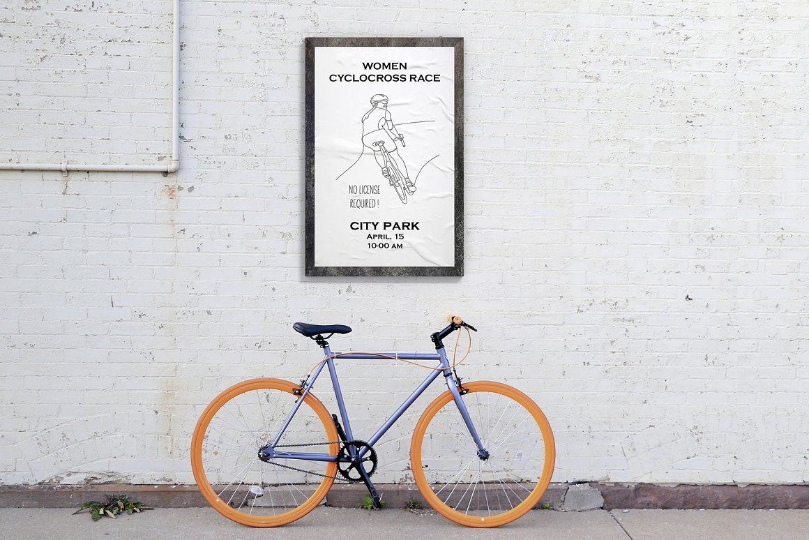 Poster with black lettering and illustration of bicycle in line art in black frame.