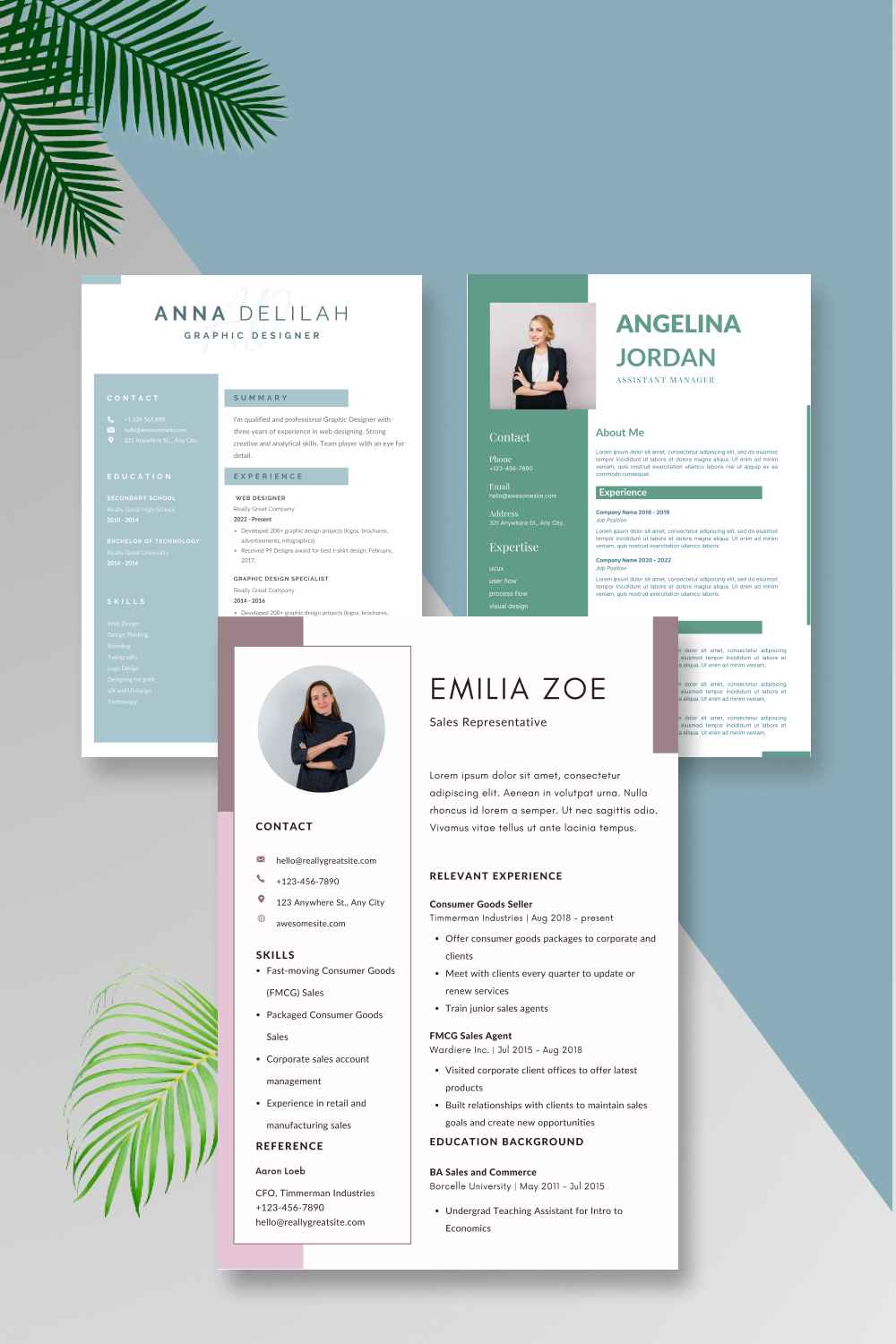 Professional resume template with a green and pink color scheme.