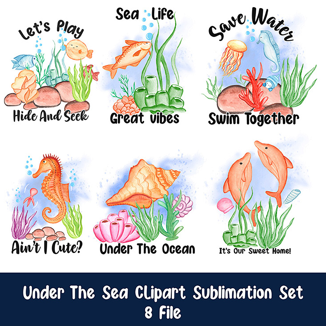 Watercolor Under The Sea Clipart Set, Under The Sea Sublimation main cover.