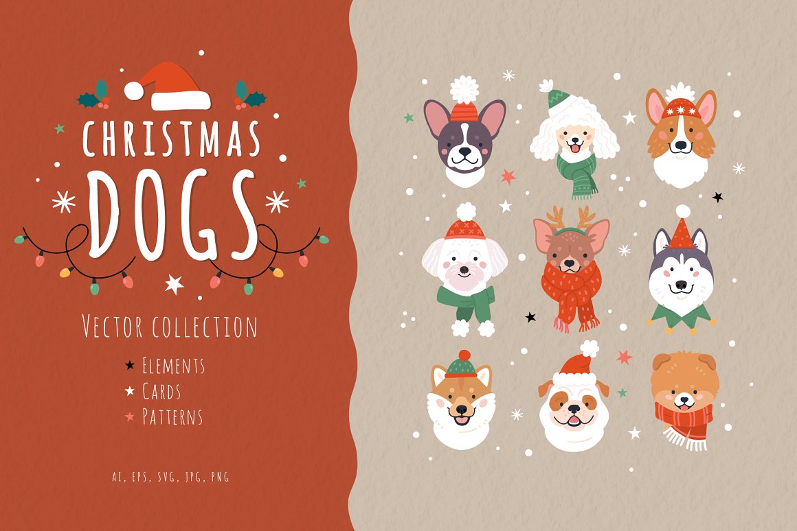 Cover with white lettering "Christmas Dogs" and 9 illustrations.