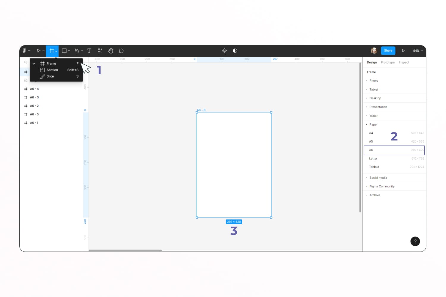 In the top panel, select the grid or press the F key to create a frame of the desired size.