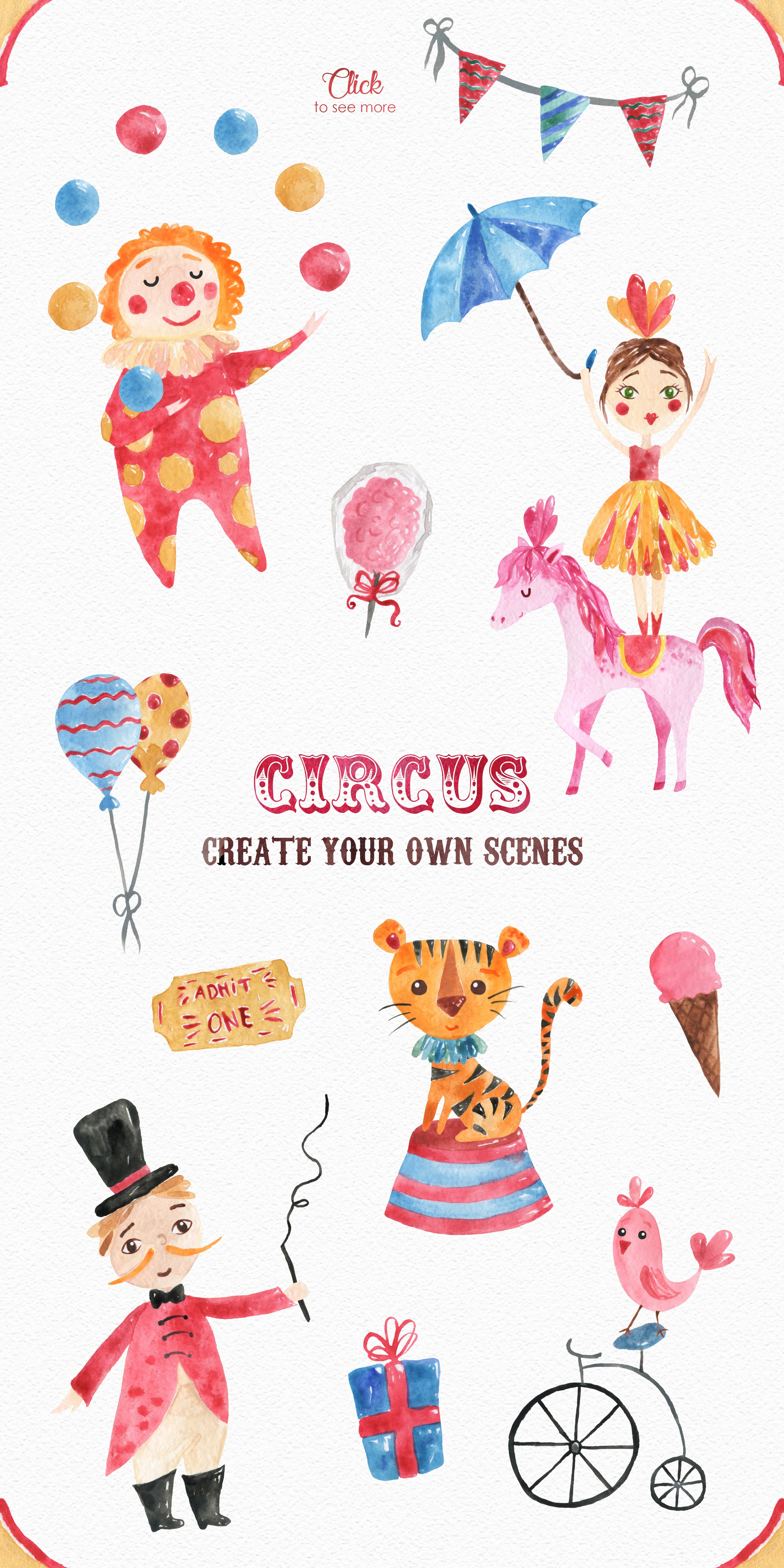 Circus Watercolor Clipart Set preview.