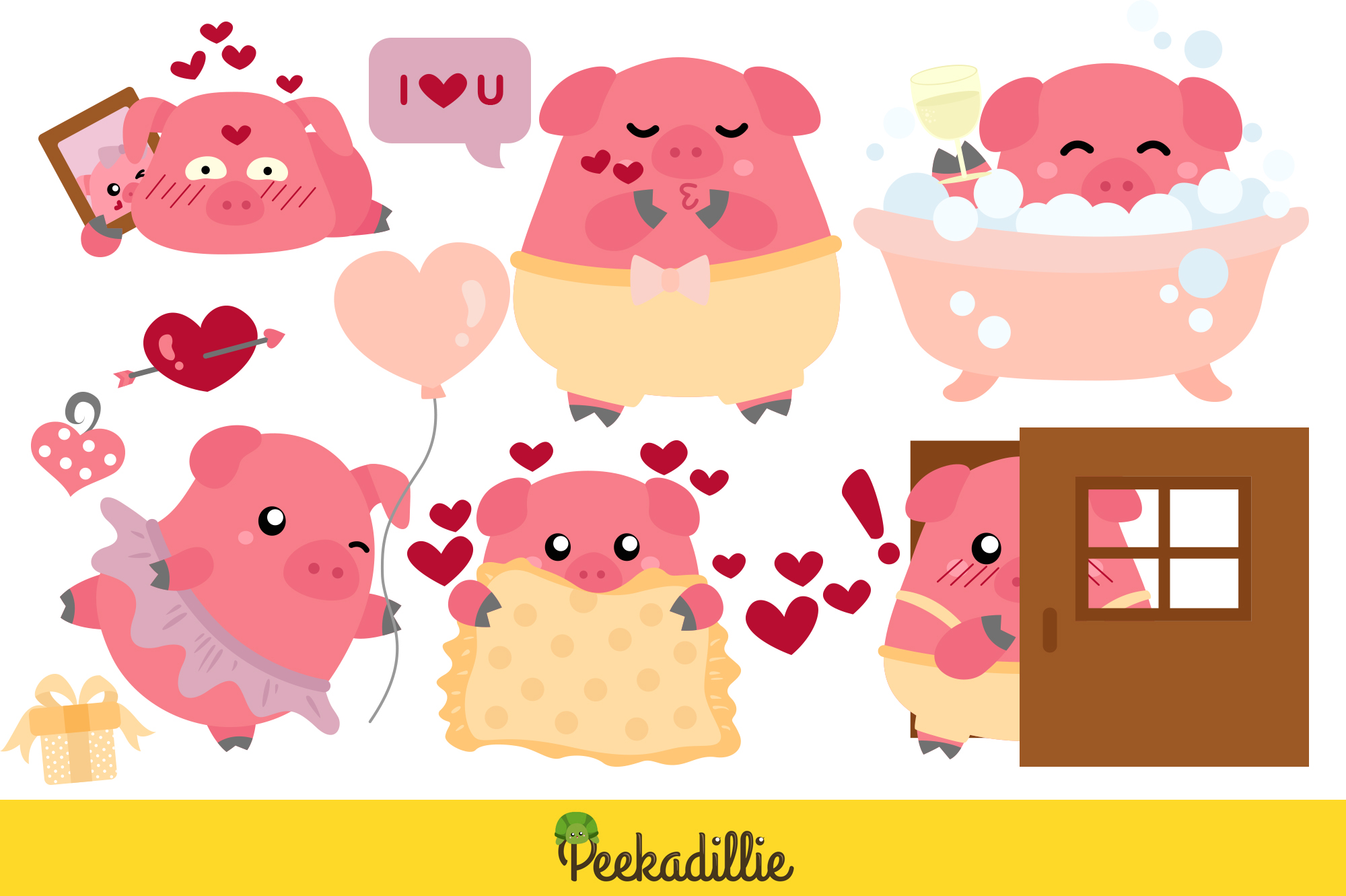 Pig in Love Vector Clipart Illustrations for Valentine’s Day.