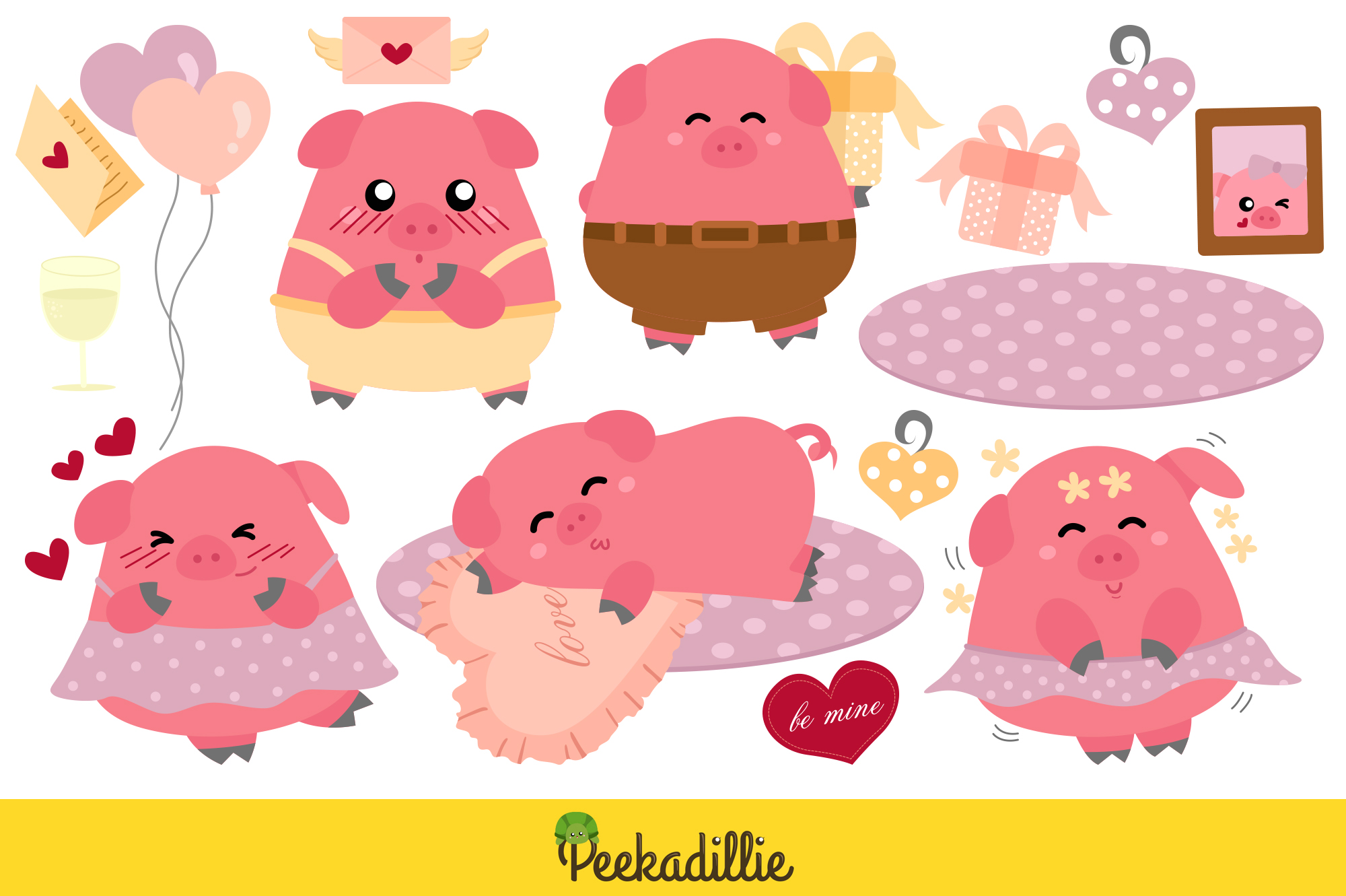 Preview with Cute Pig in Love Vector Clipart Illustrations.