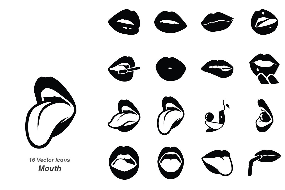 A set of 16 different black mouth icons on a white background.