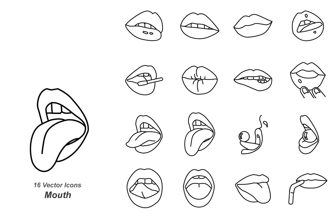 A set of 16 different outline icons of a mouth on a white background.