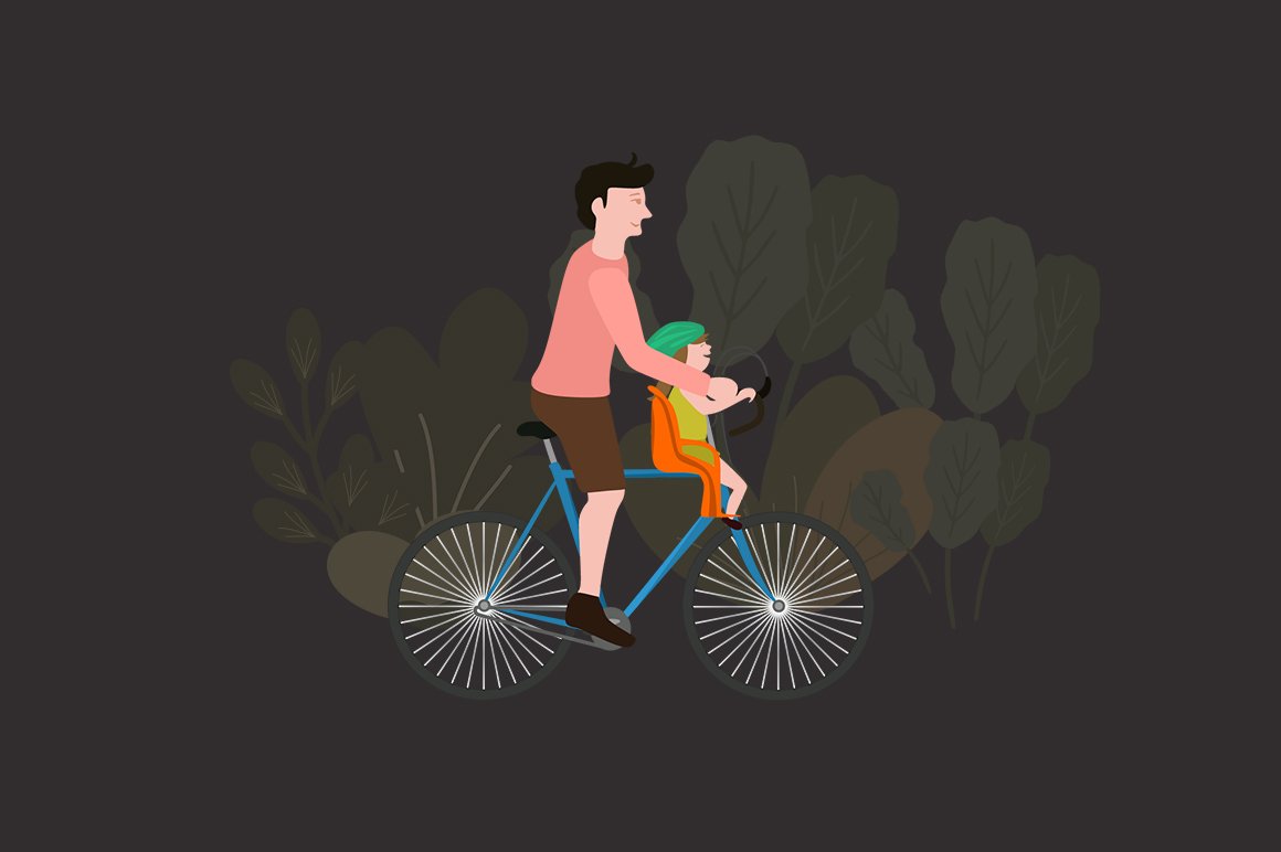 Man with a daughter on a bicycle.