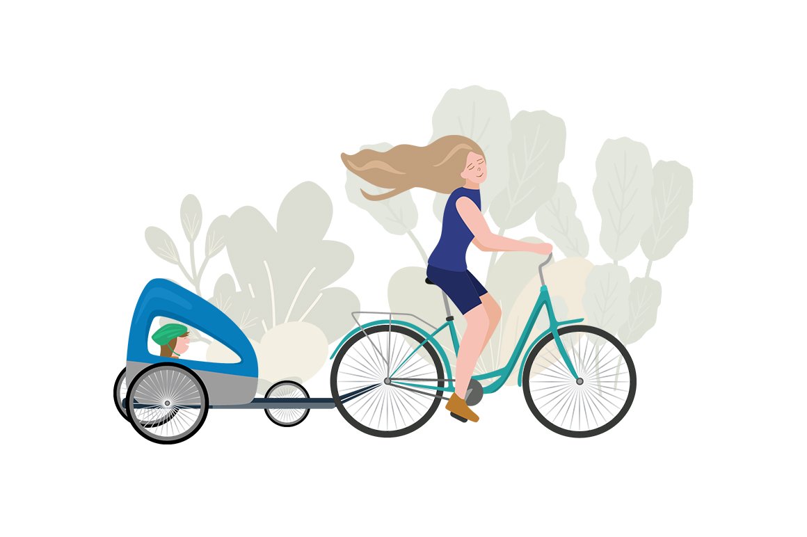 Blonde mom with a little kid on a bicycle.
