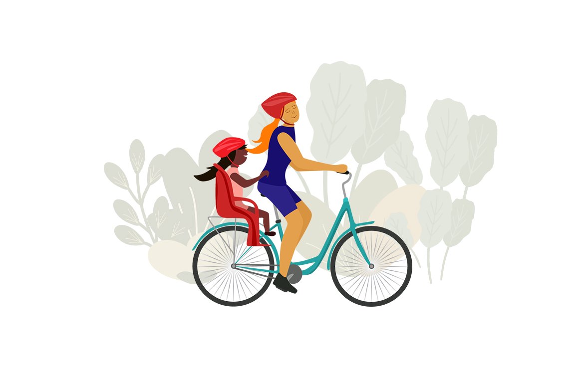 Mom with a daughter on a bicycle.