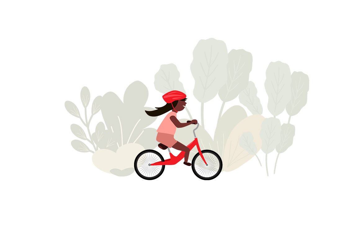 Black child on a red bicycle.