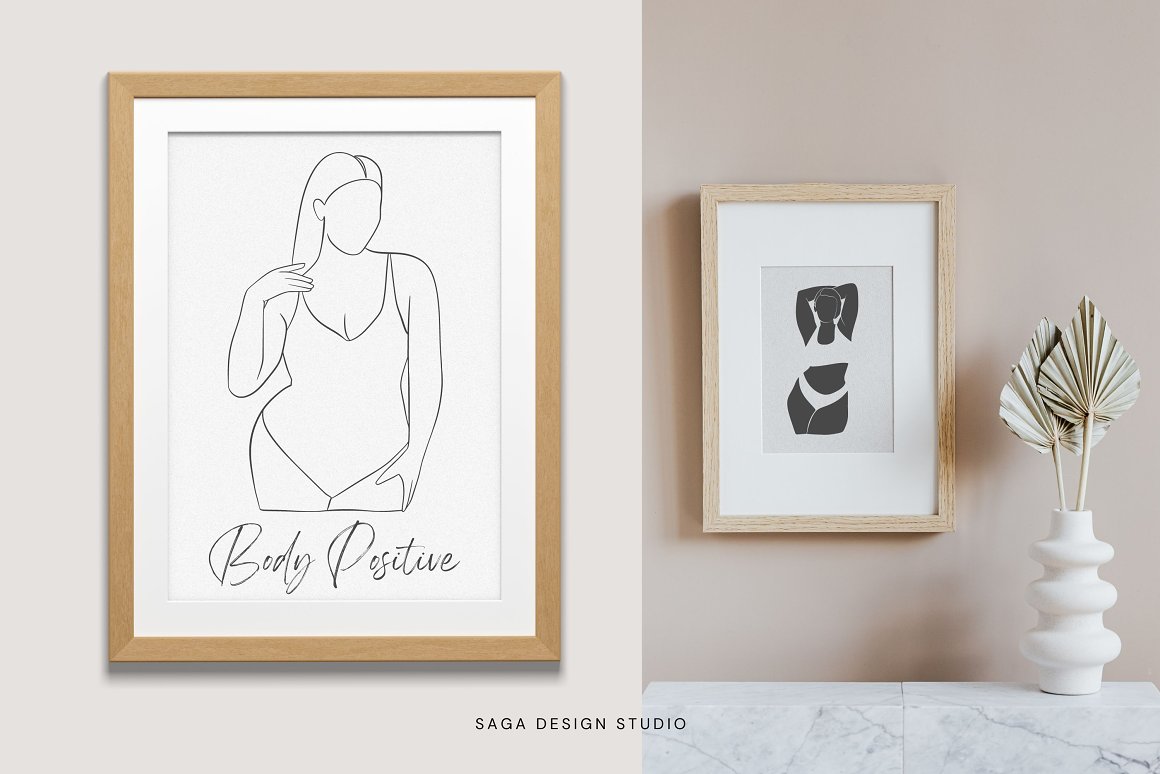 2 different pictures with curvy beauty illustration in wooden frames.