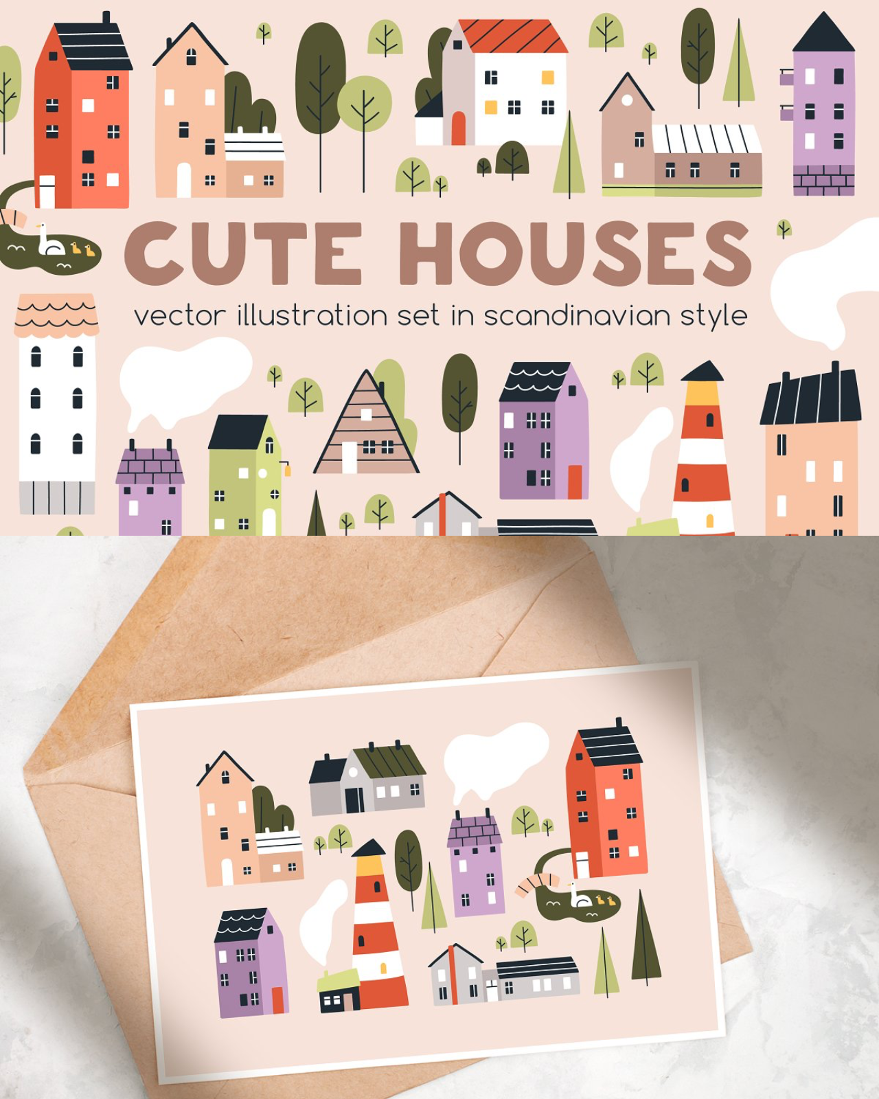 Cute abstract tiny houses set pinterest image preview.