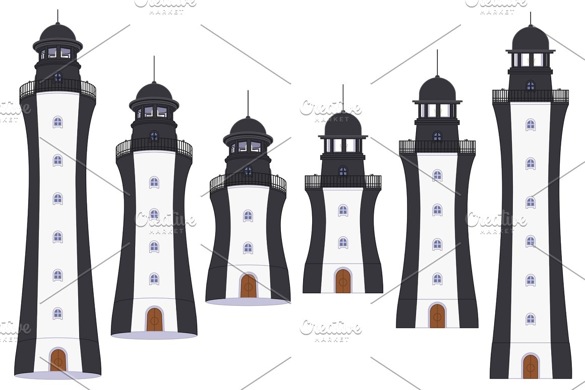 Black and white illustrations of a lighthouse on a white background.