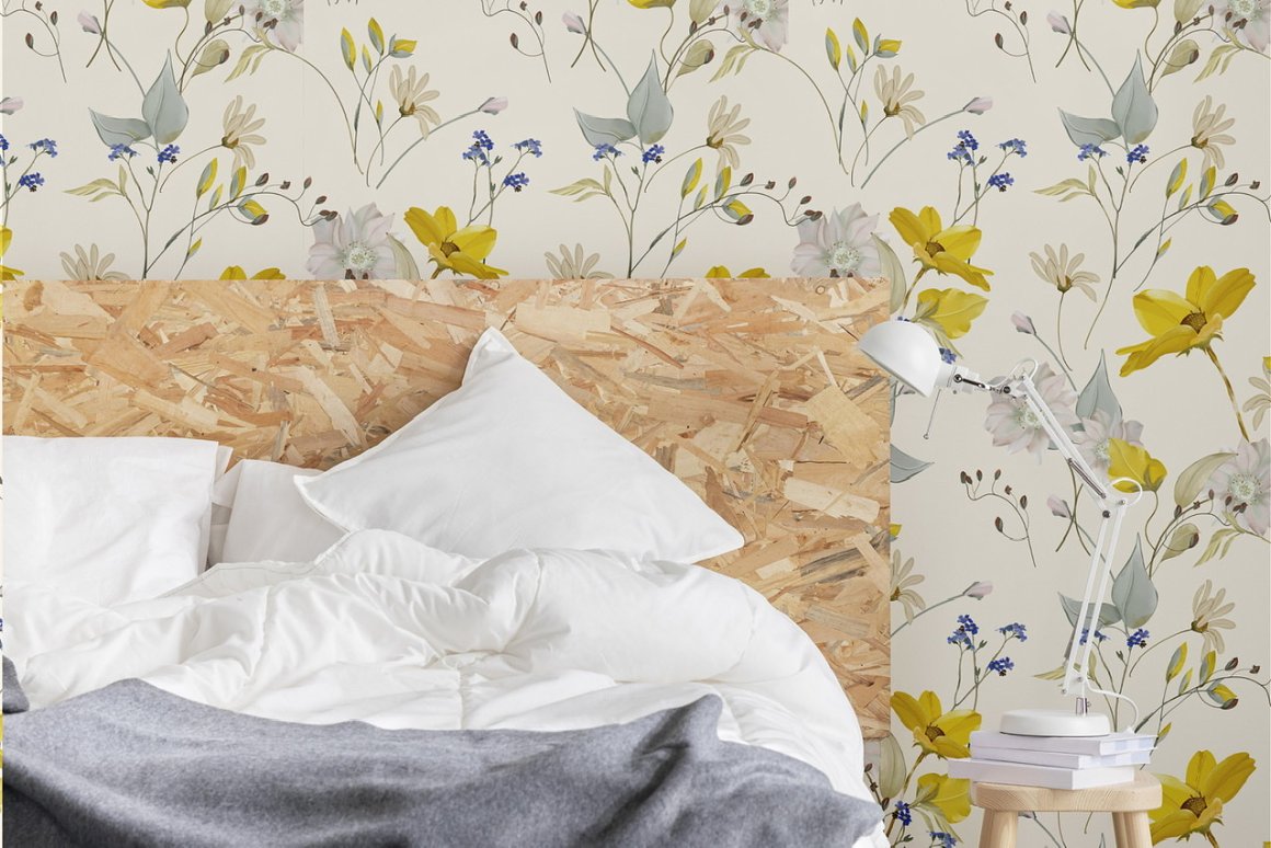 Wallpaper in the bedroom with meadow flowers patterns.