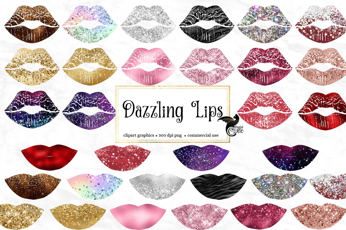 Cover with black lettering "Dazzling Lips" and different colors glitter lips on a white background.