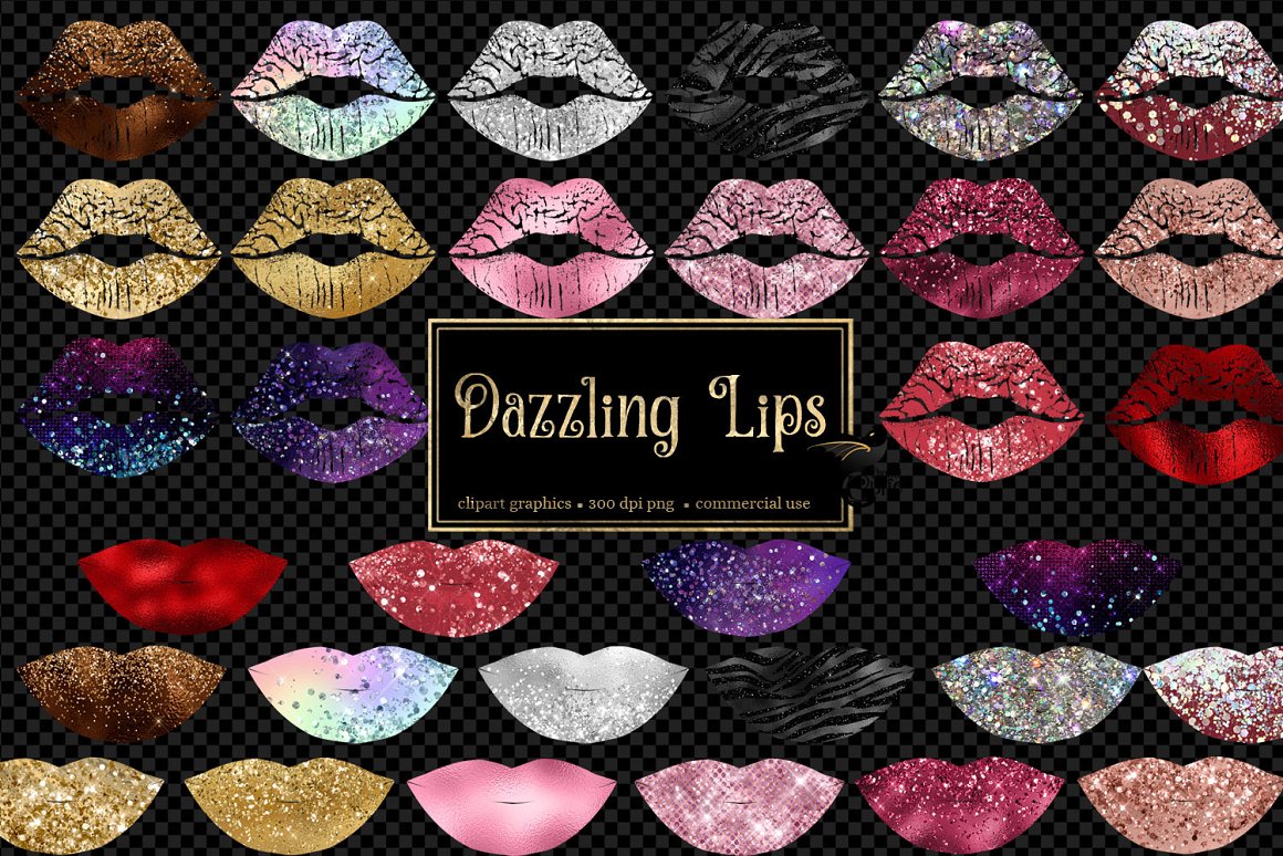 A set of different colors glitter lips and golden lettering "Dazzling Lips" on a black background.