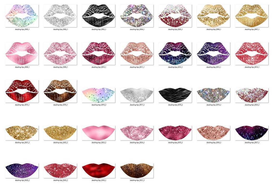 Clipart of 32 different dazzling lips on a white background.