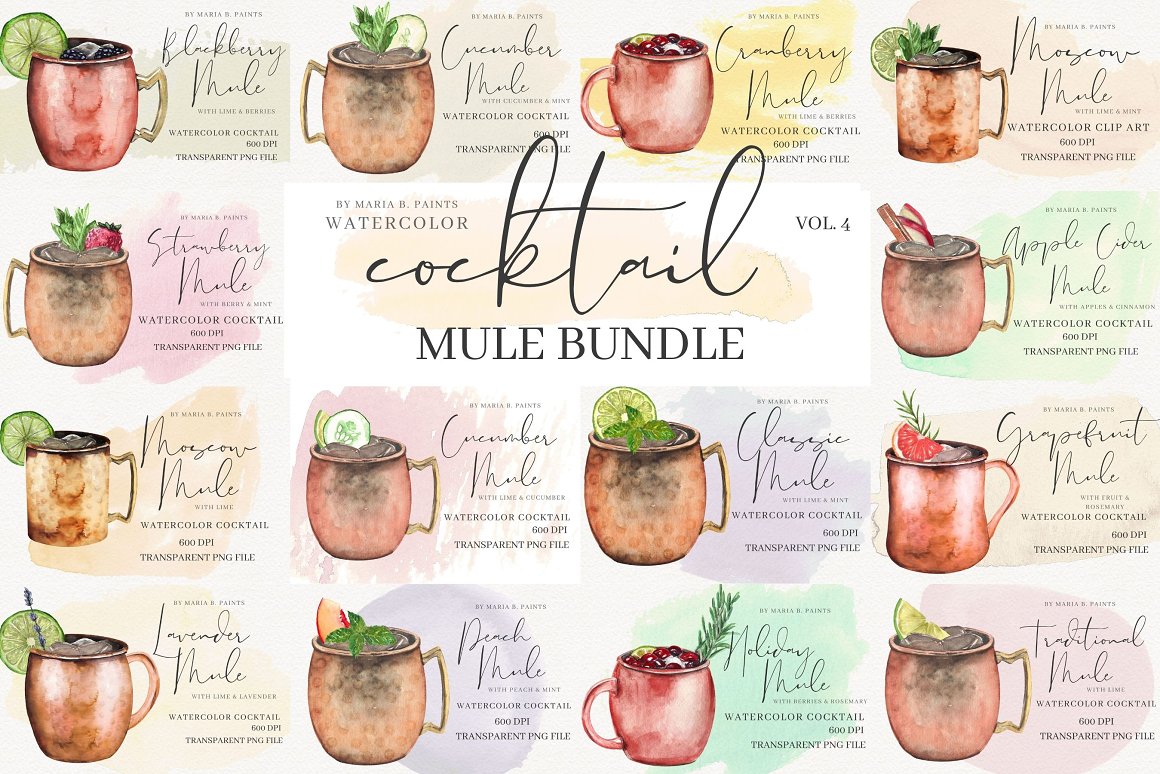 A set of different watercolor mule cocktails.