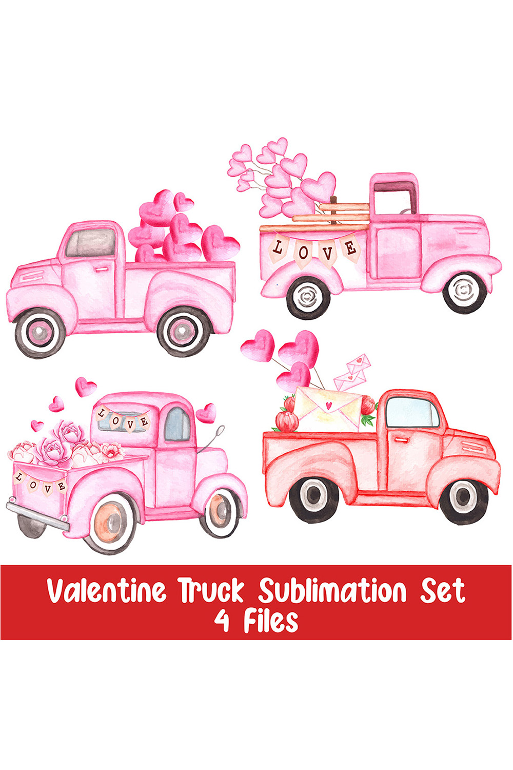 A pack of gorgeous watercolor images of pink trucks