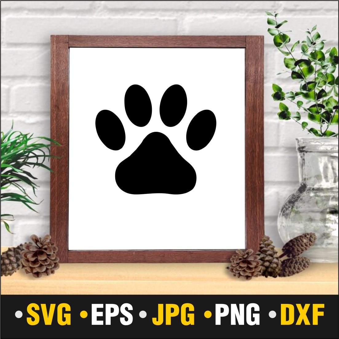 Picture of a dog's paw in a frame.
