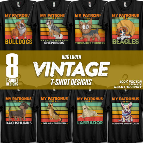 8 Vintage Dog T-Shirt Design Bundle main cover.