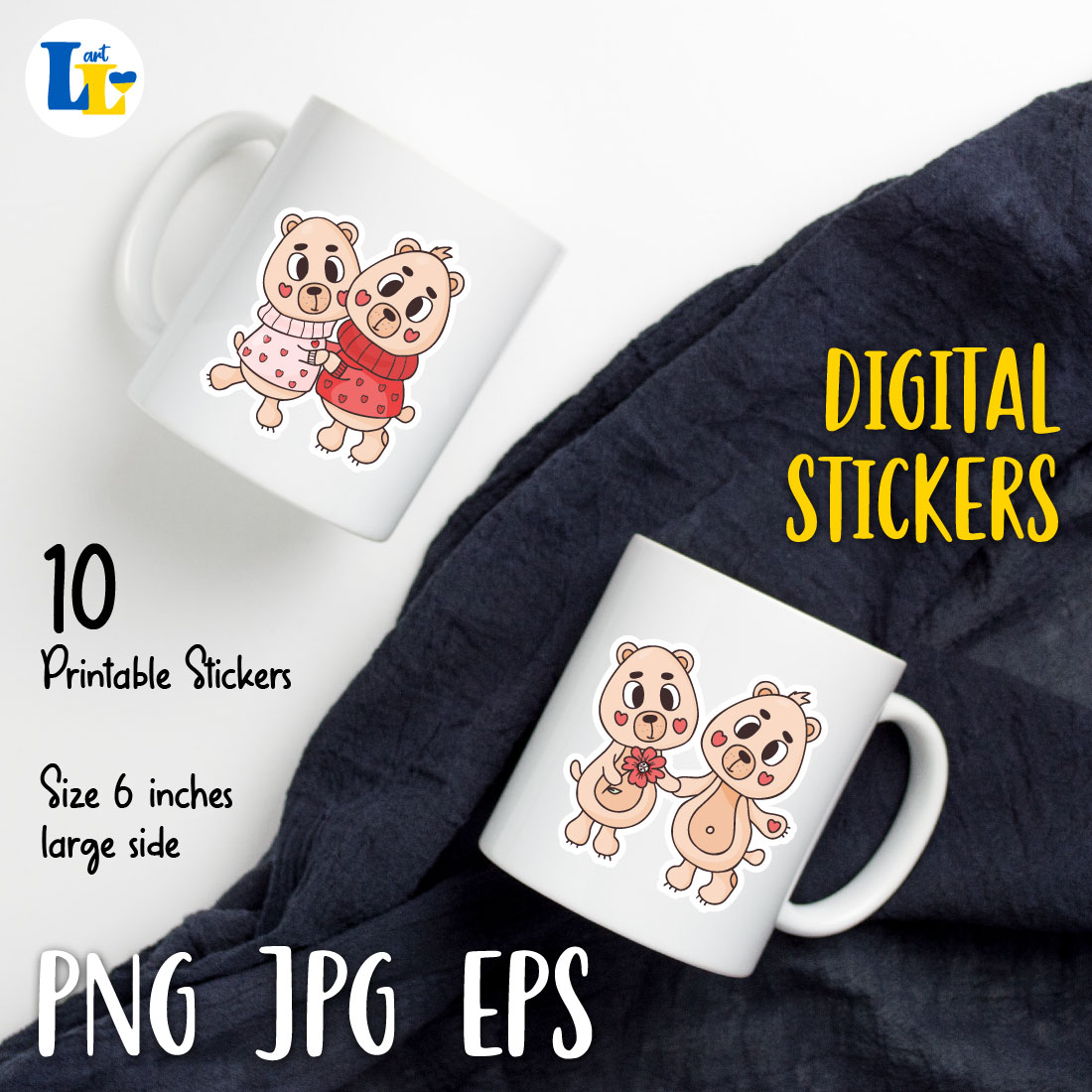 Image of cups with wonderful stickers of cute bears