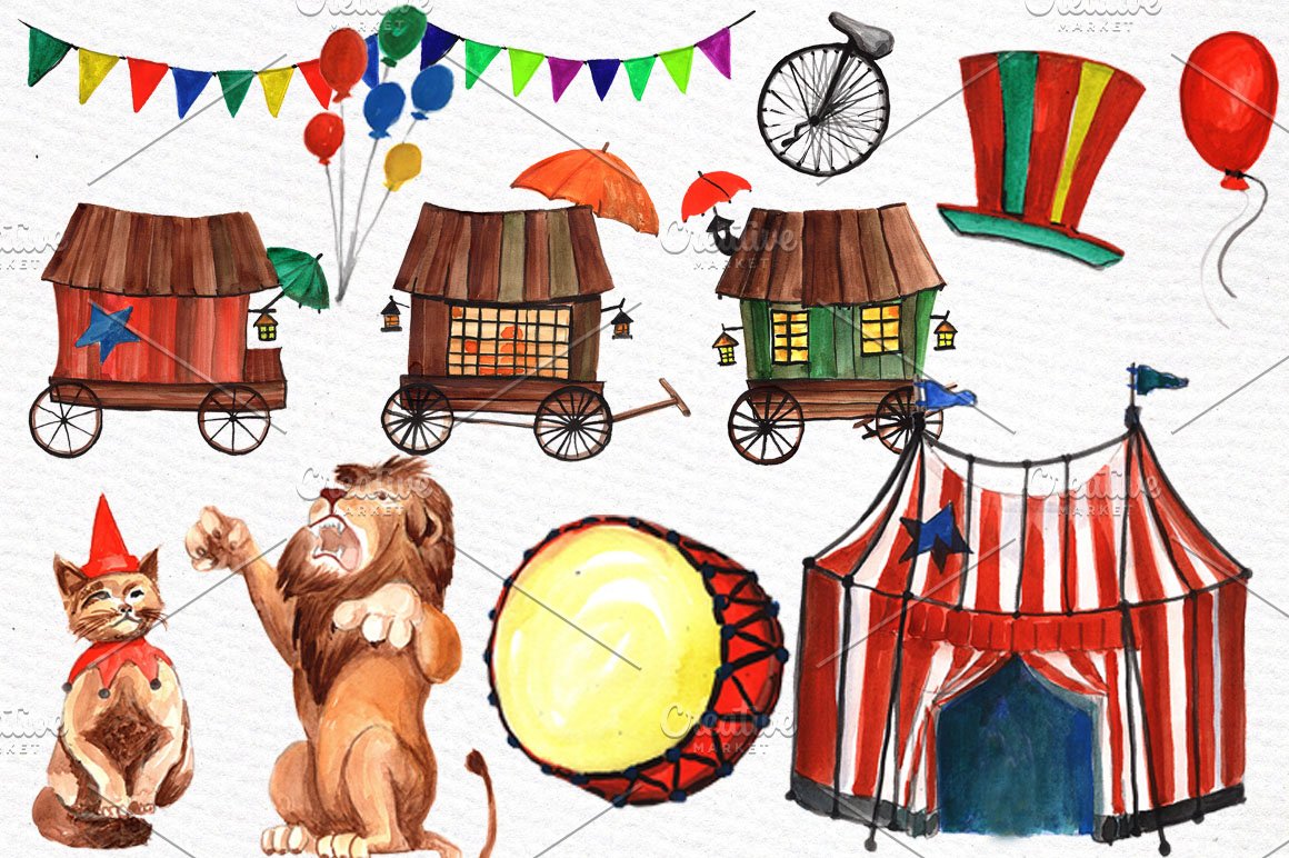 A set of different watercolor illustrations of circus on a gray background.