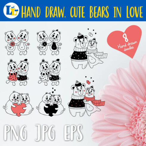 Cute in Love Bears Doodle. Hand-Drawn Doodle Valentine Icons.