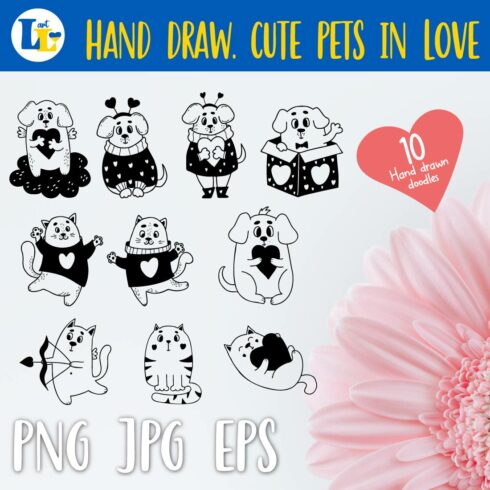 Hand Drawn Cute in Love Pets Doodle Design cover image.