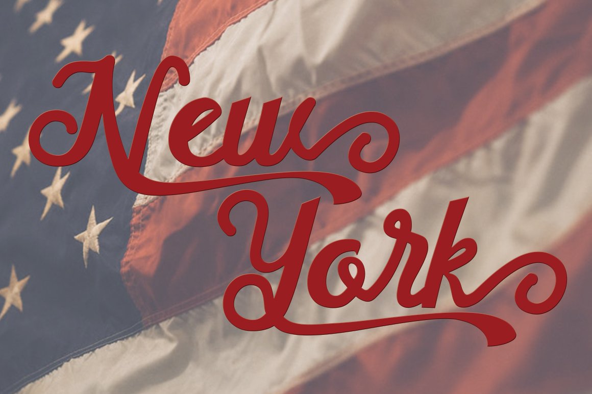 Red "New York" calligraphy lettering on the background of American flag.