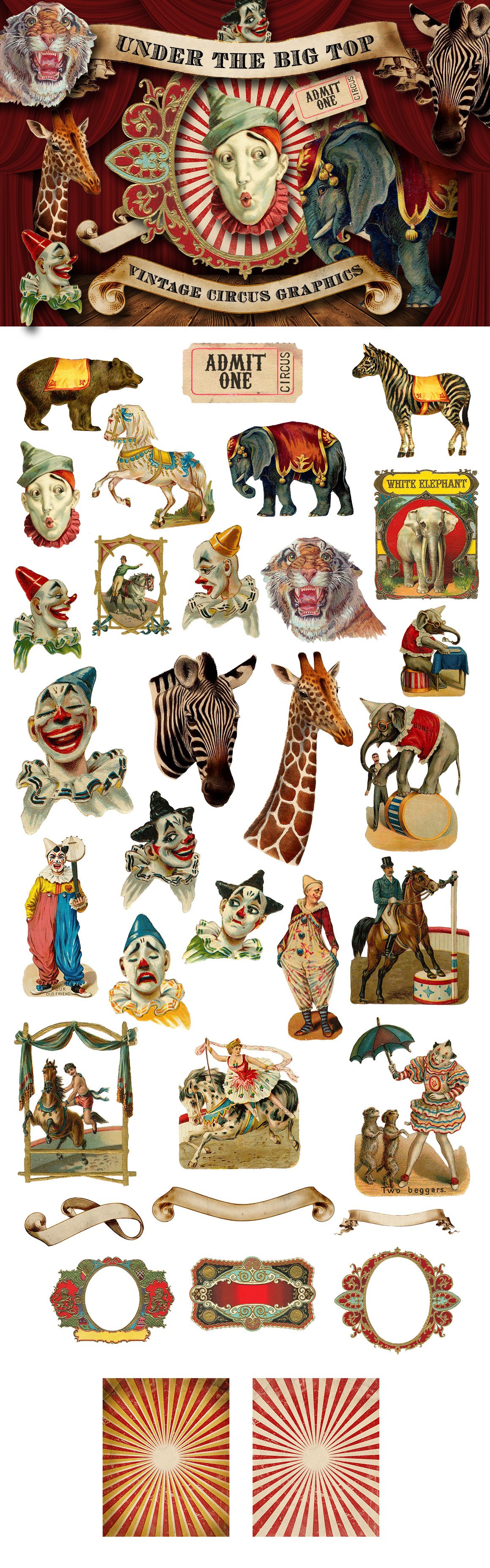 Cover and set of different vintage circus illustrations on a white background.