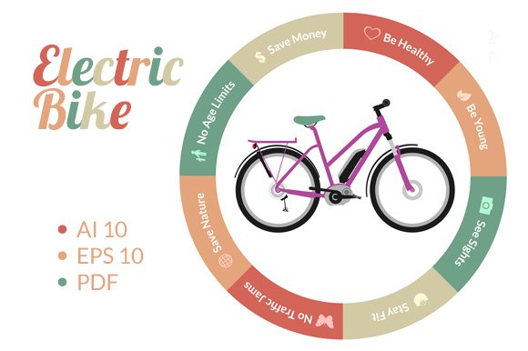 Cover with coloful lettering "Electric Bike" and purple bike in the centre of colorful wheel.