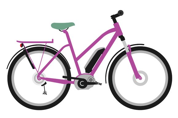 Illustration of a purple electric bike on a white background.