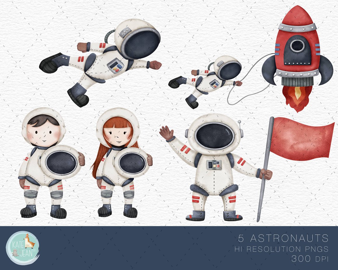 5 astronauts illustrations on a gray background.