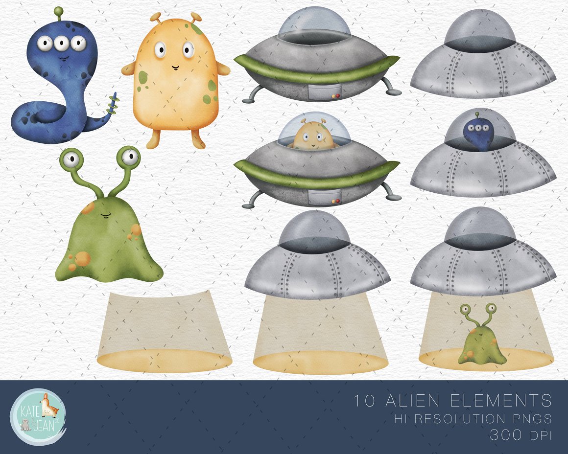 10 different alien elements on a gray background.