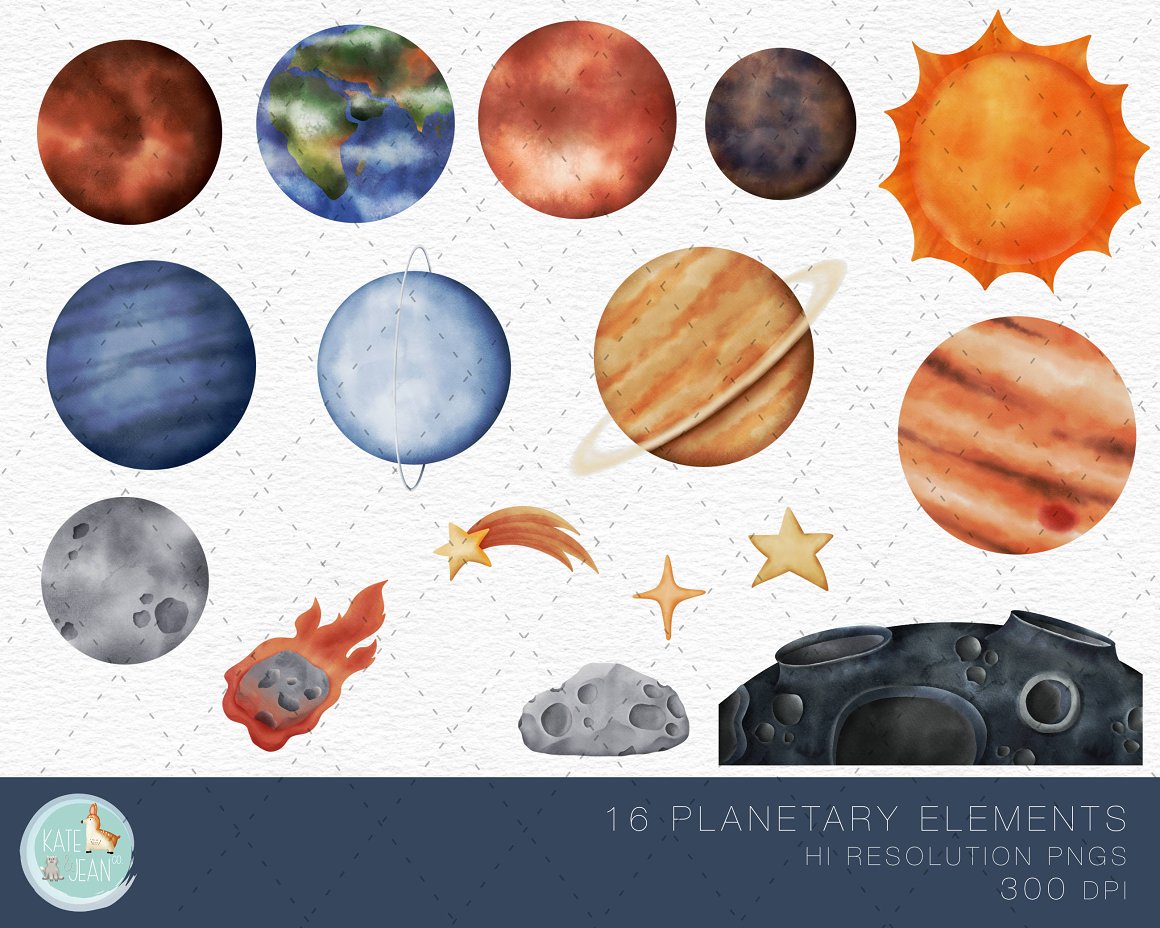 16 different planetary elements on a gray background.