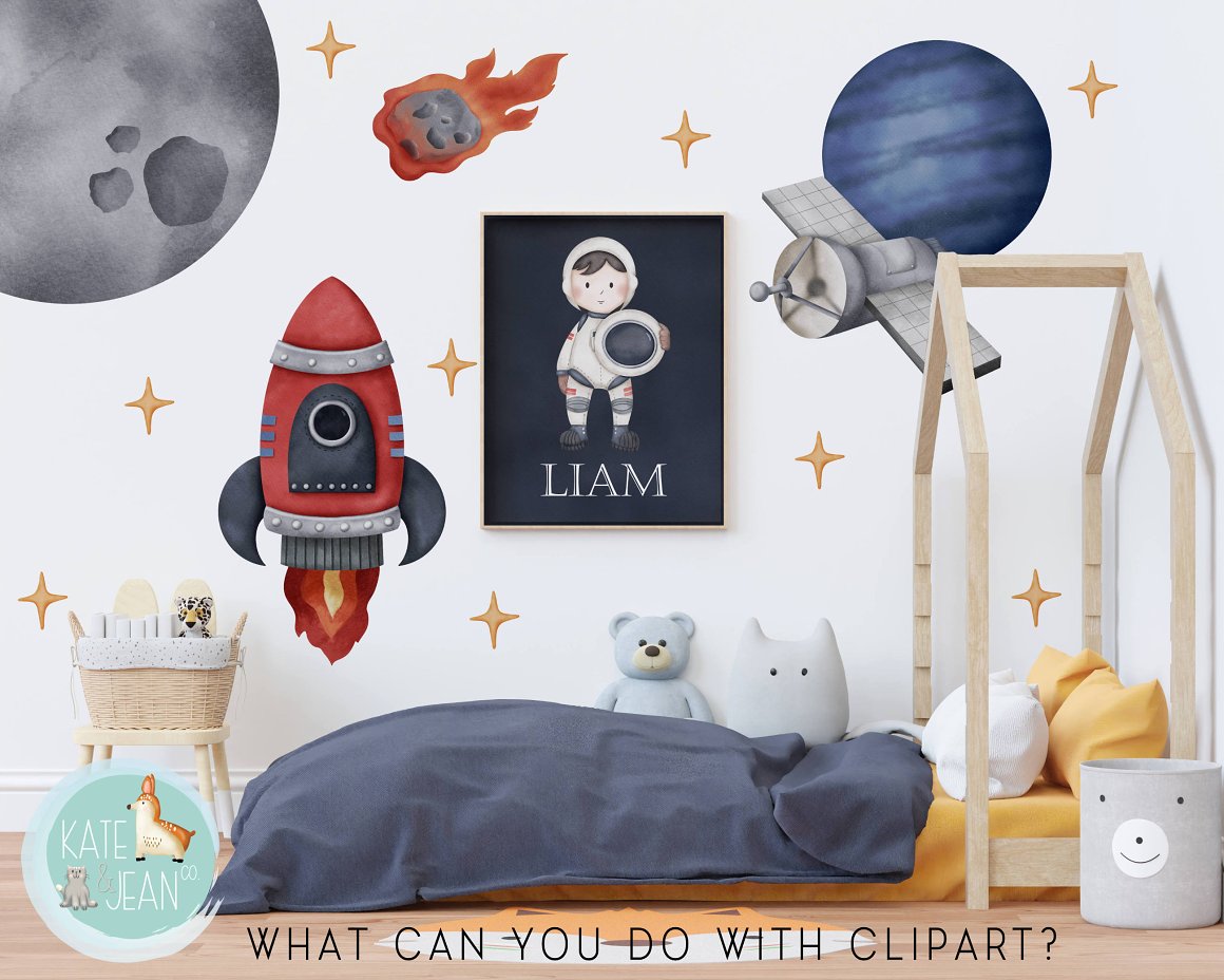 Poster with illustration of astronaut and white lettering "Liam" on the wall.