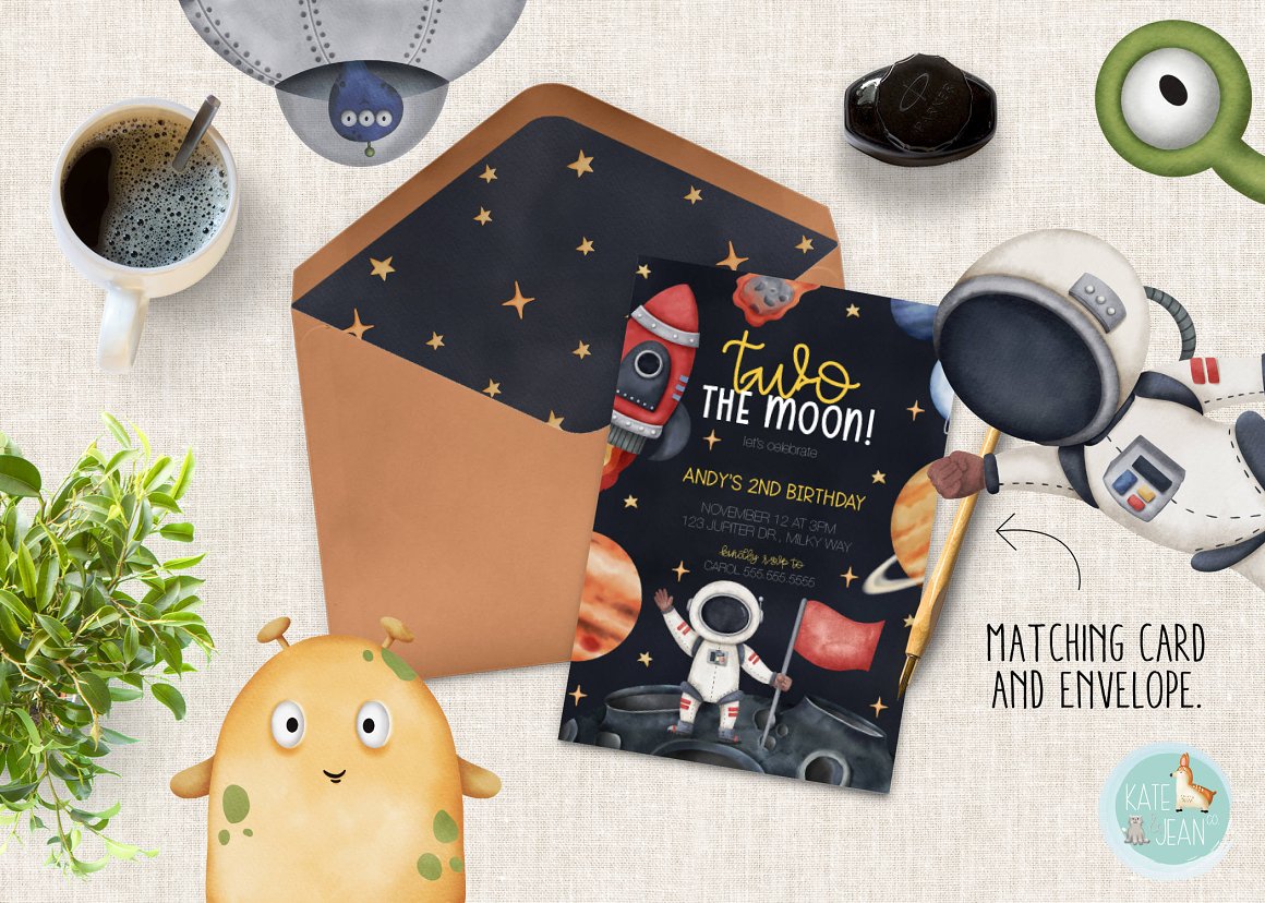 Black matching card with astronaut illustrations and envelope.