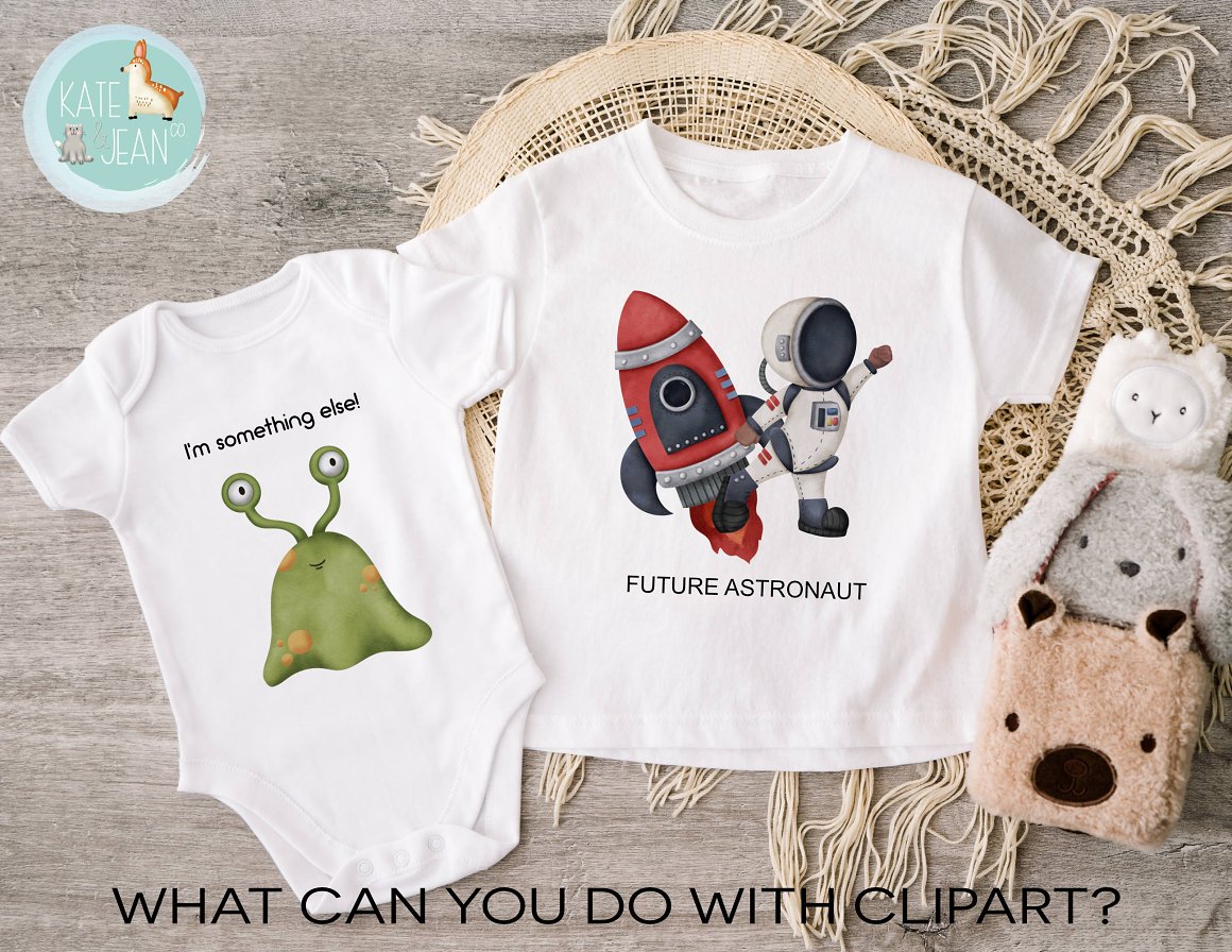 White baby t-shirt and bodysuit with astronaut illustrations.