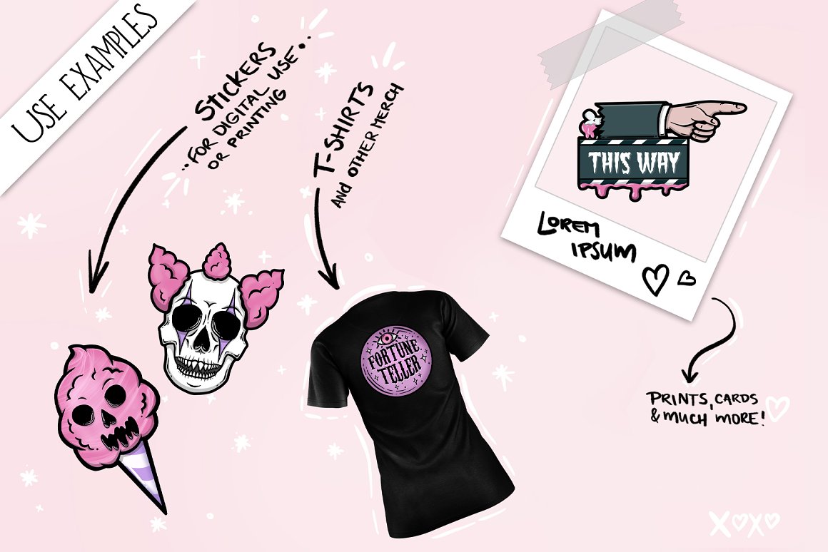 An example of usage these illustrations - t-shirts, stickers and prints, cards and other products.