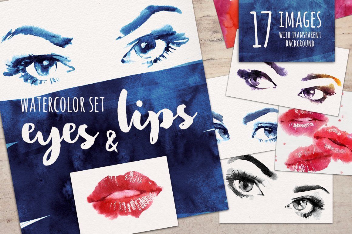 Cover with white lettering "Watercolor set eyes & lips" and different drawings.