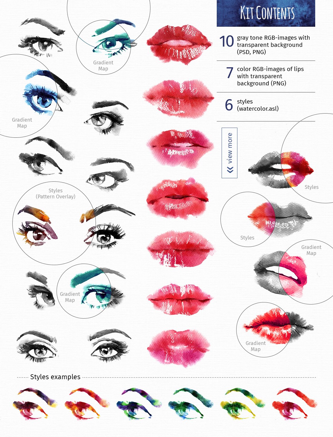 Collection of different illustrations of eyes and lips on a white background.