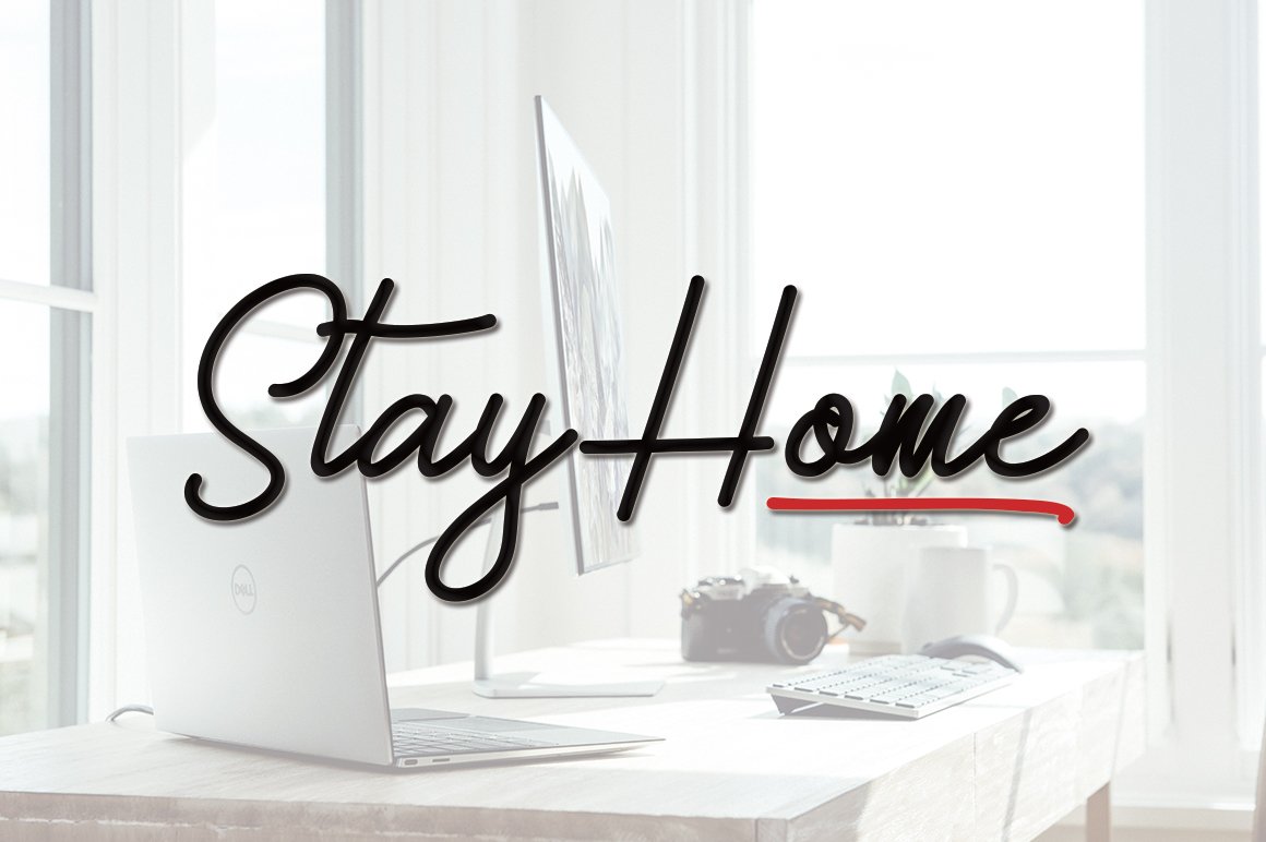 Black lettering "Stay Home" in calligraphy font.