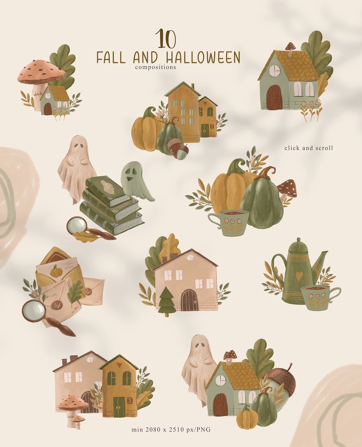 Collection of 10 different fall and halloween compositions.