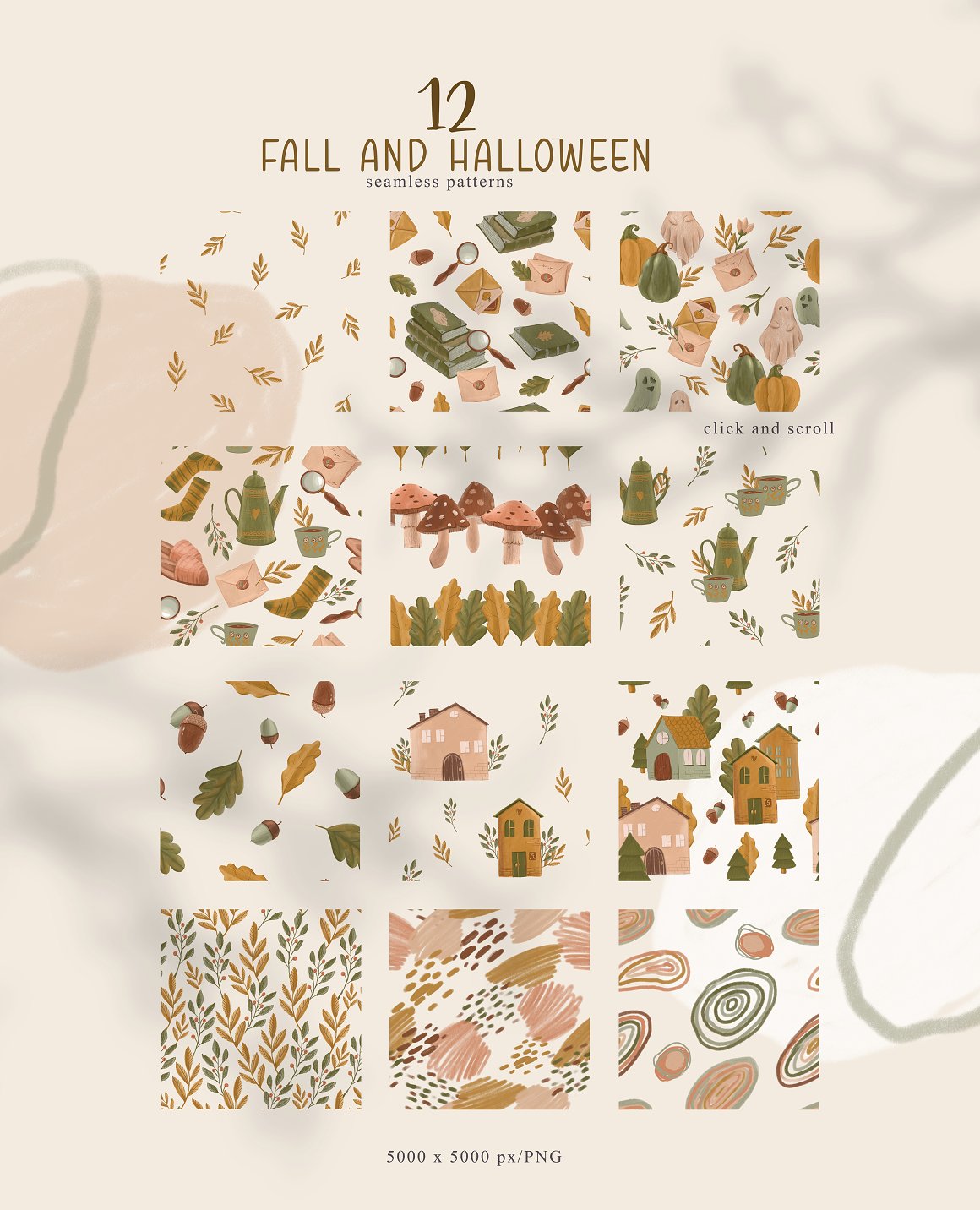 A set of 12 different fall and halloween seamless patterns.