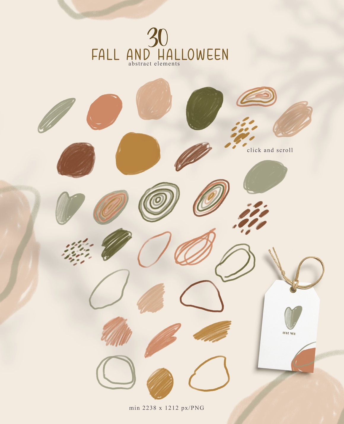Clipart of 30 fall and halloween abstract elements.