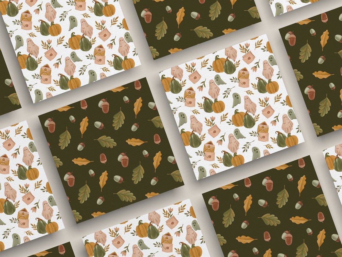 A set of different fall and halloween patterns on a gray background.