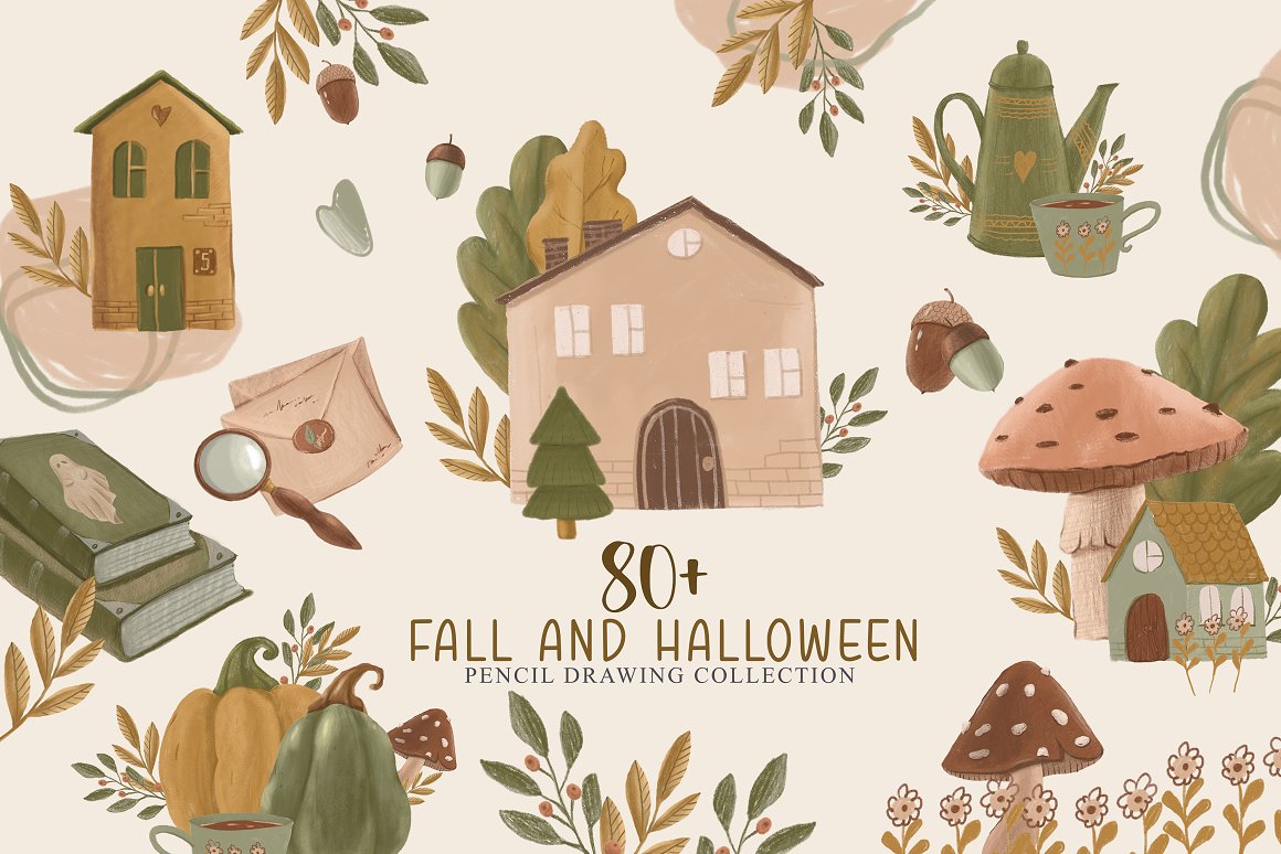 Cover with lettering "80+ fall and halloween" and different handdrawn illustrations.