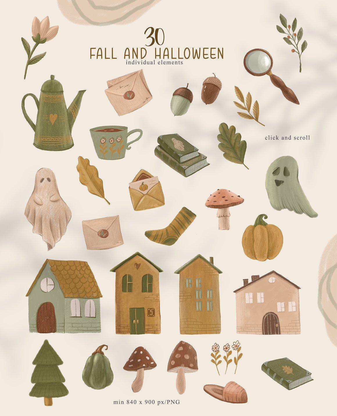 30 different fall and halloween individual elements on a pink background.