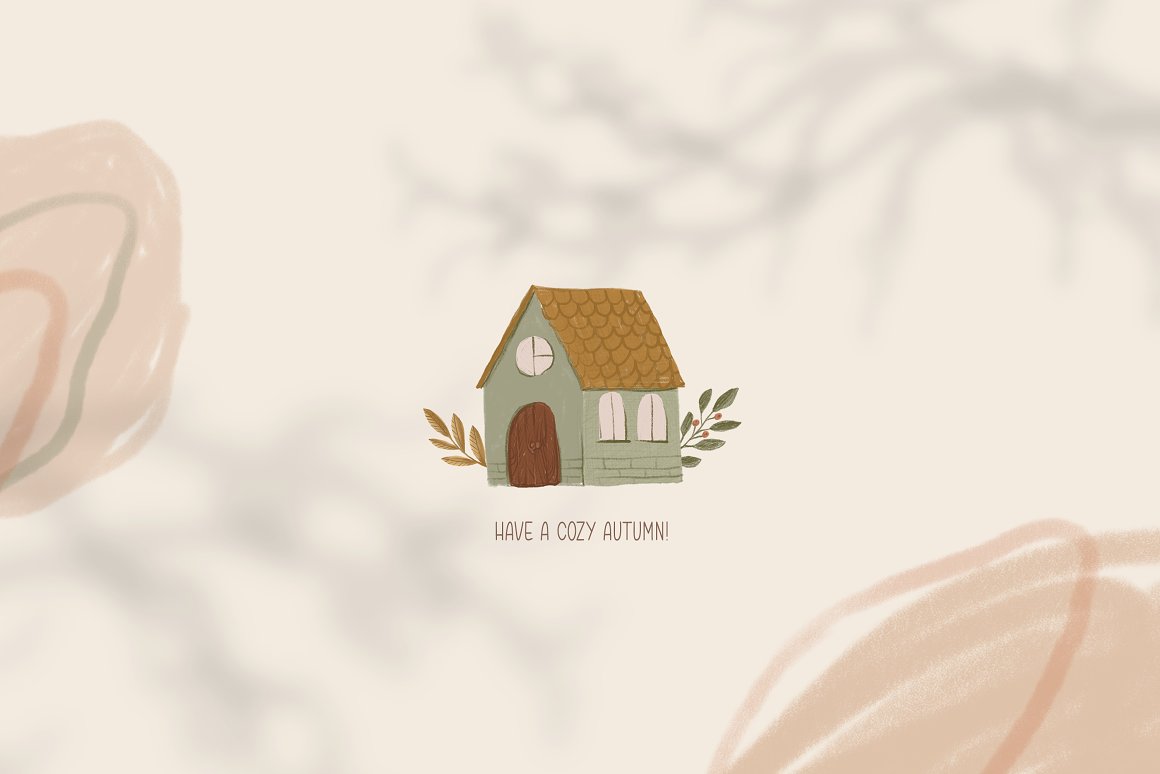 Illustration of a house and lettering "Have a cozy autumn!" on a pink background.